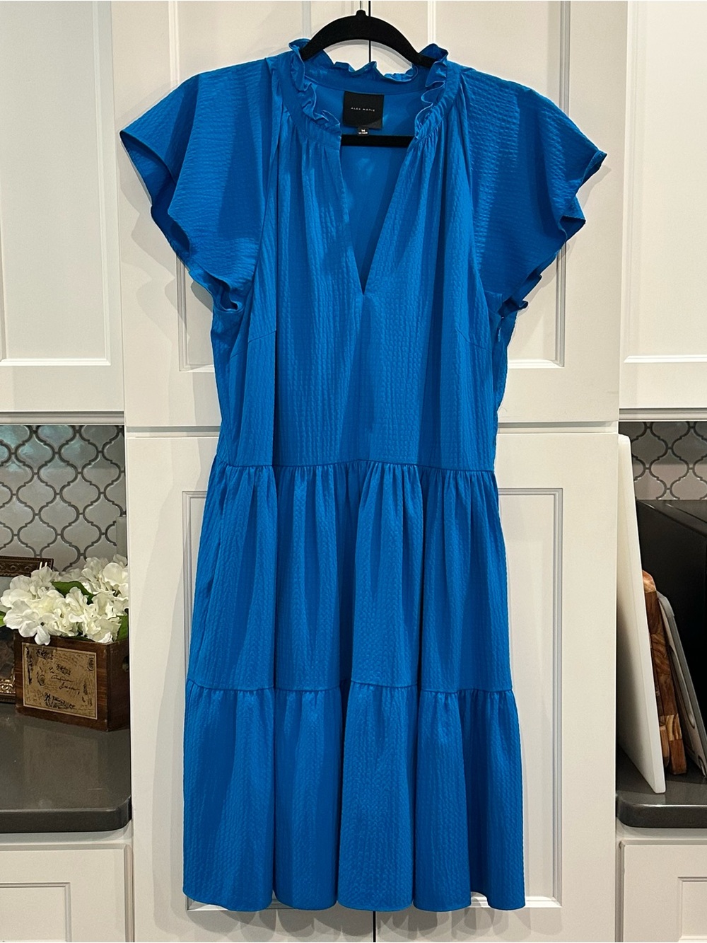 Alex Marie Cobalt Blue Tiered Dress Flutter Sleeve Ruffled V-Neck Babydoll Sz 14